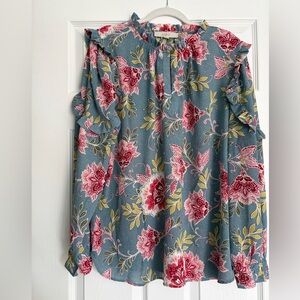 LOFT Floral Ruffle Blouse in Pink and Blue